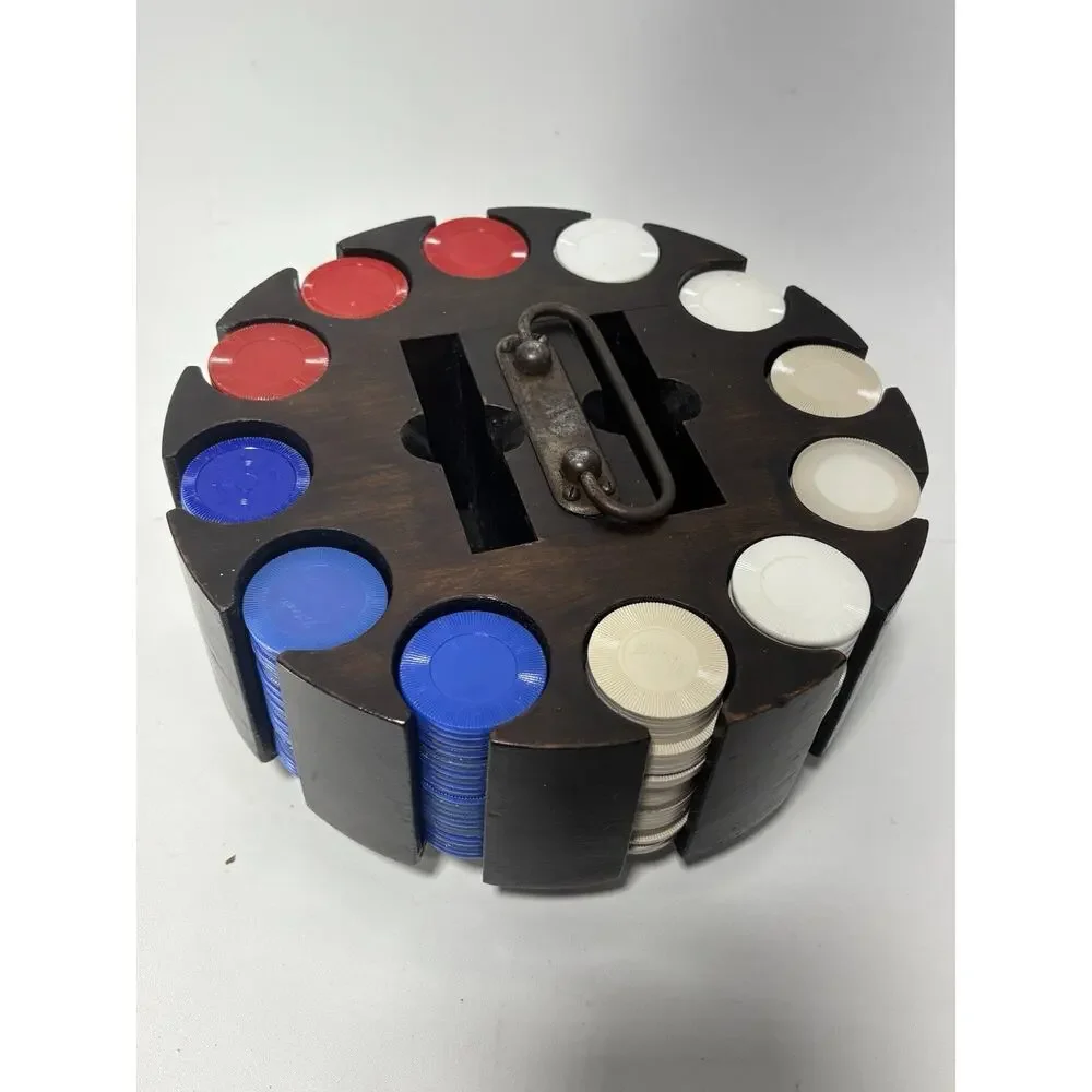 Vintage Rotating Hardwood Poker Chip Carousel Rack Set w 300 Mixed Chips MCM